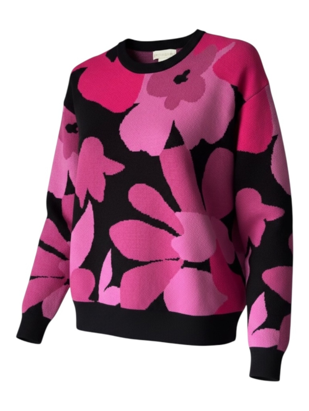 NWOT - Cynthia Rowley -Pink Black Floral Intarsia Knit Crewneck Sweater -Size S